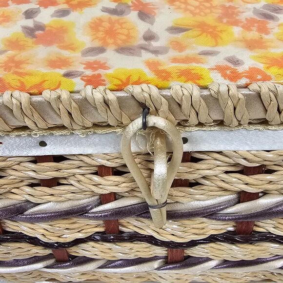 Sewing Notions Box Craft Basket Vintage Woven Wicker Floral Retro Mid Century - Picture 13 of 15